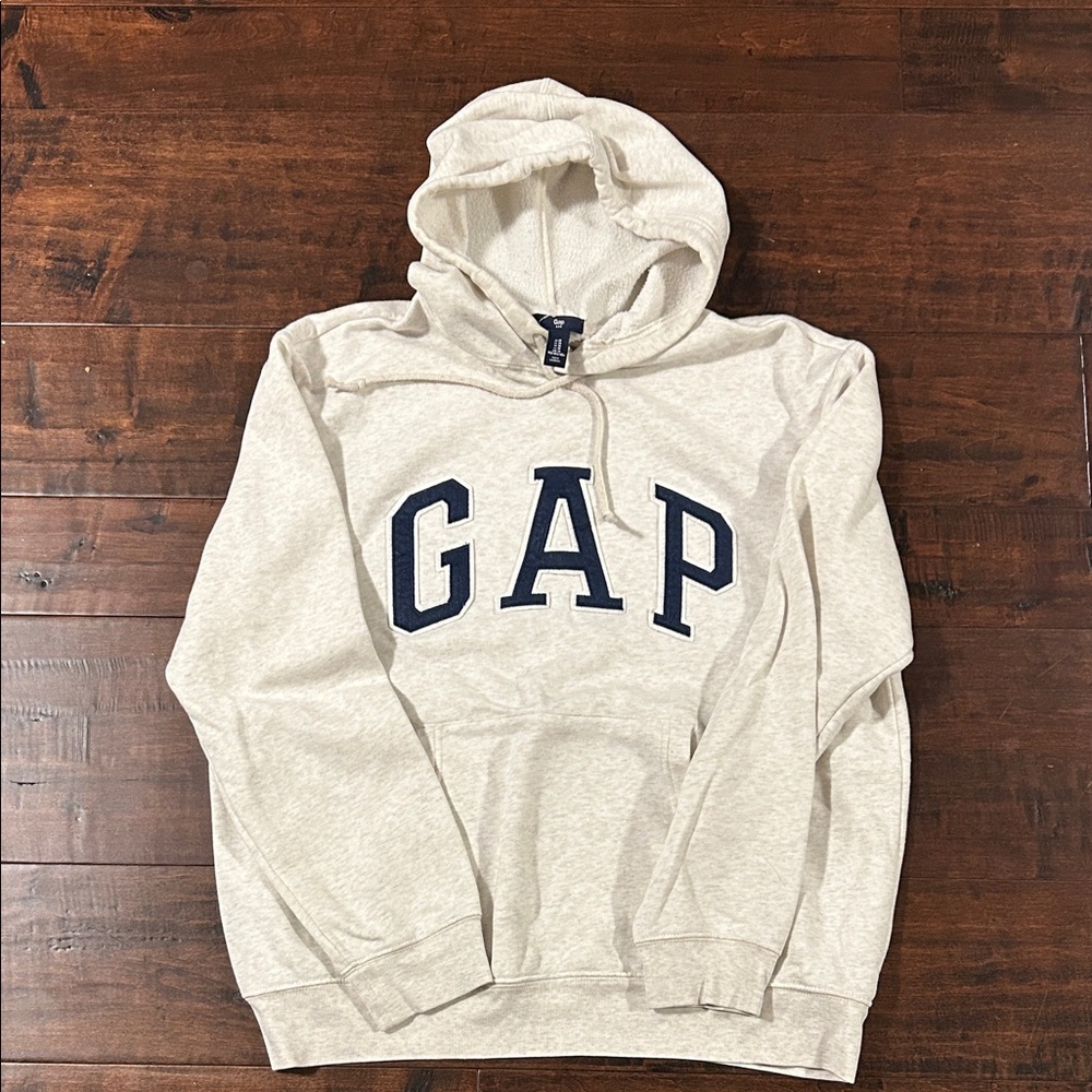 GAP Men's Cream Hoodie with Navy Lettering